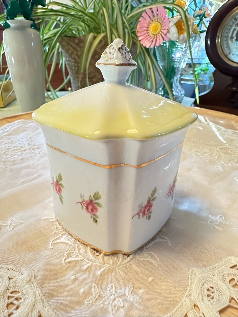 Vintage Royal Stafford English Bone China Lidded Jar Pink Roses Gold